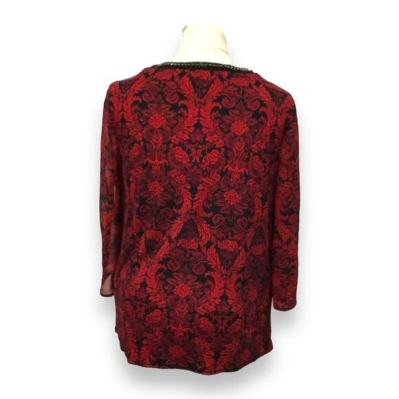 Roz & Ali Women’s Long Sleeve Split Neck Beaded Collar, Red, size L - Picture 4 of 8